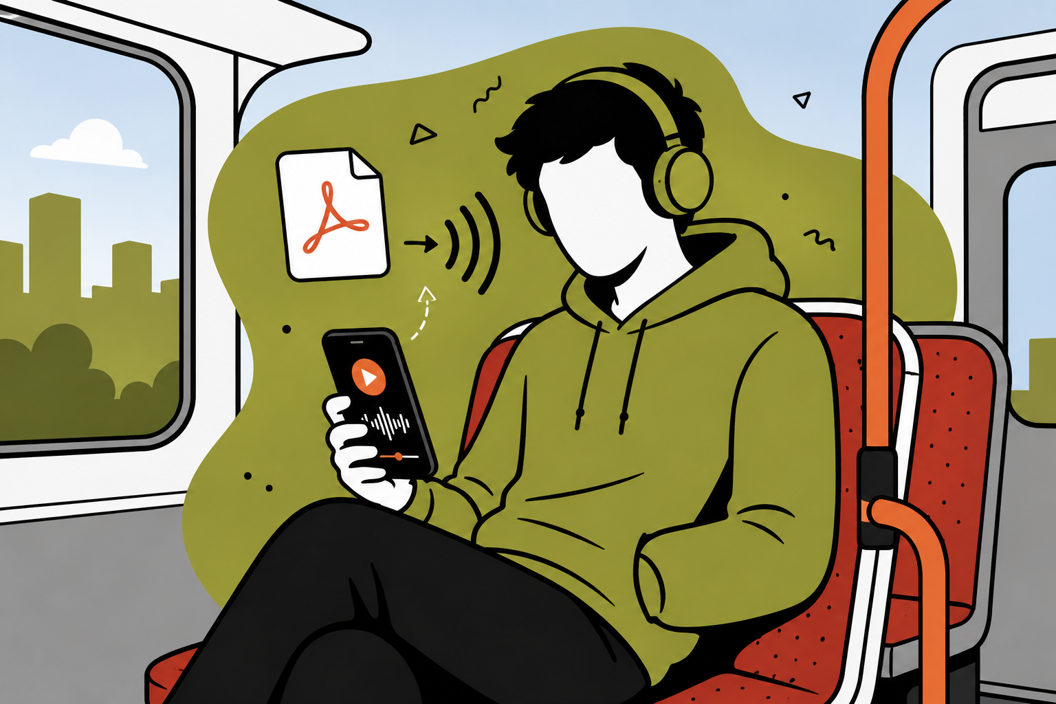A person listening to a PDF audiobook on their phone while commuting