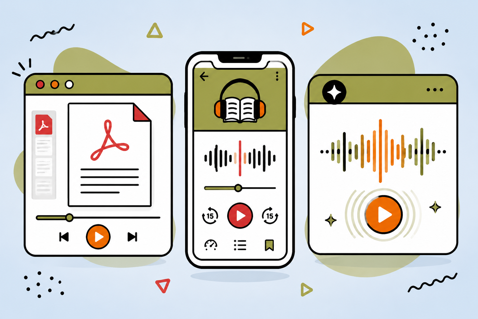 Three kinds of PDF to audiobook tools compared: browser, mobile app, and AI platform