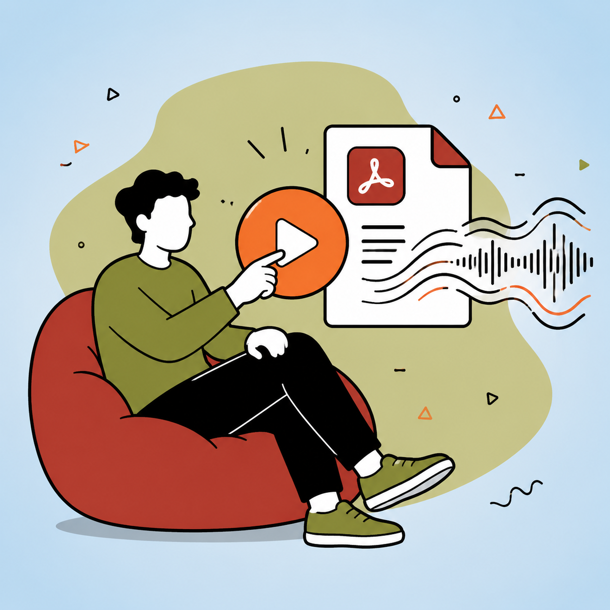 A relaxed person pressing play to listen to a PDF as an audiobook